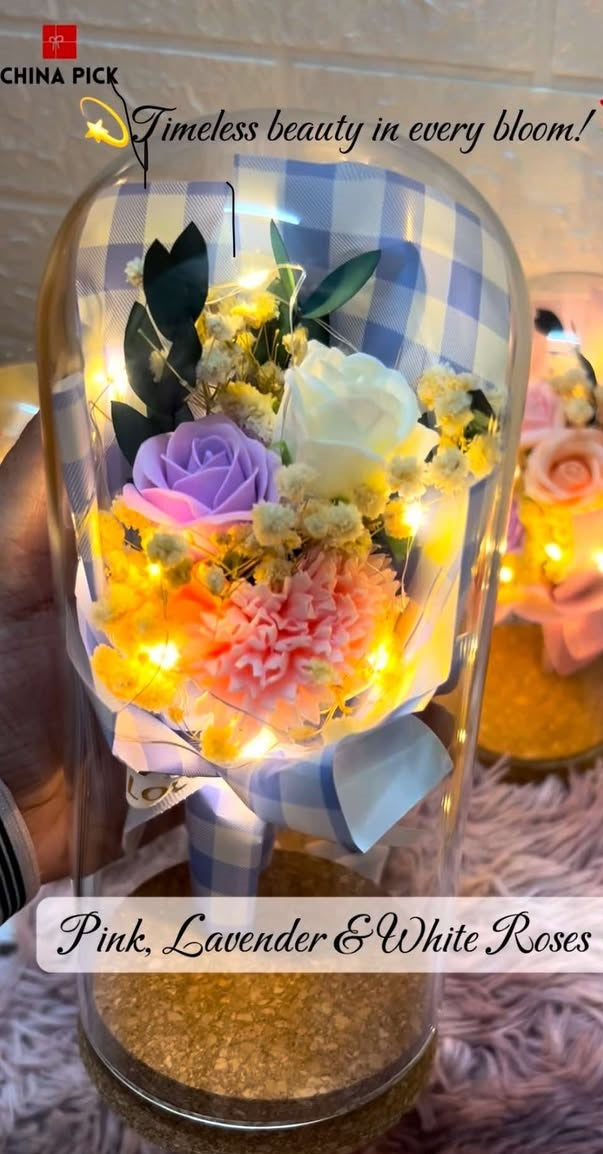 LED Floral Bouquet in Glass Dome – Timeless Beauty & Perfect Gift