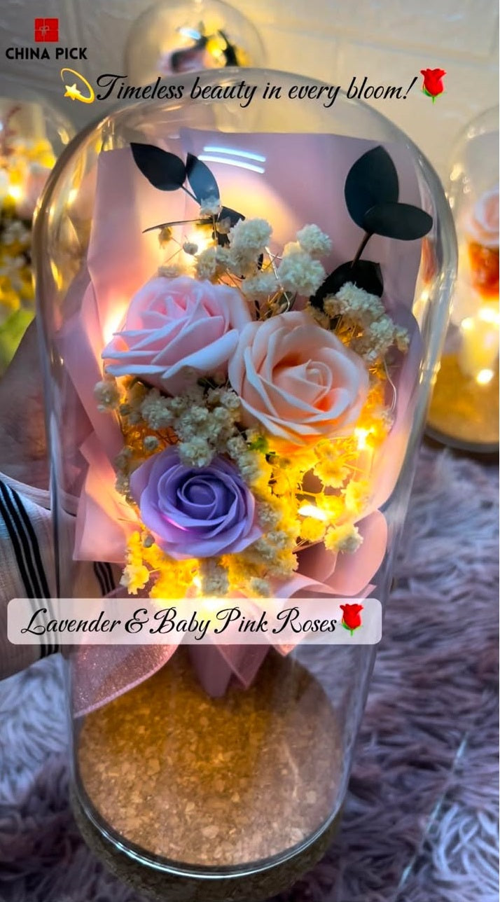 LED Floral Bouquet in Glass Dome – Timeless Beauty & Perfect Gift